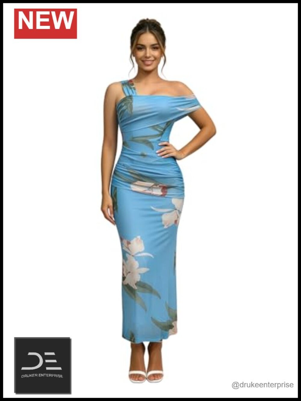 One Shoulder Ruched Mesh Maxi Dress Floral Print Bodycon Cocktail